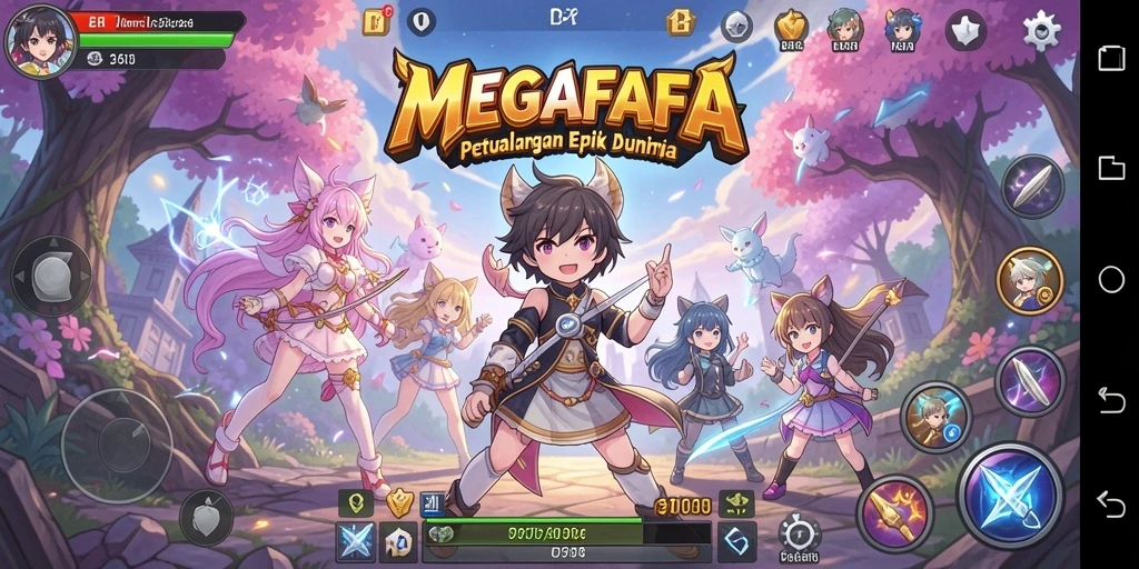 Screenshot utama MEGAFAFA menampilkan karakter anime dalam pertempuran dinamis.