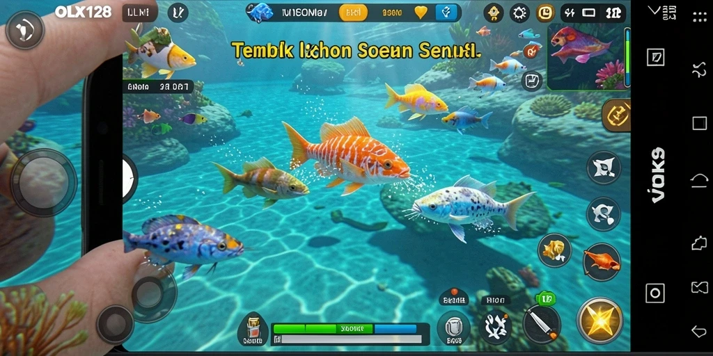 Tampilan gameplay OLX128 dengan berbagai ikan berwarna-warni.