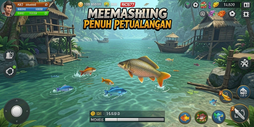 Tampilan gameplay RICIS77 dengan pemandangan memancing yang menakjubkan.