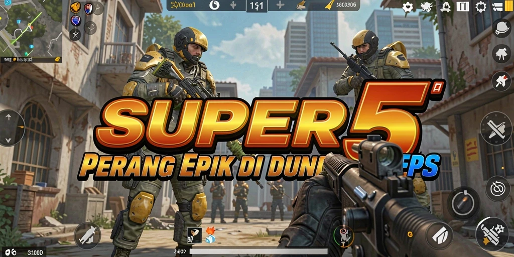 Screenshot utama SUPER5 menampilkan aksi tembak-menembak yang intens dalam gameplay FPS.