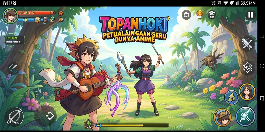 Screenshot utama TOPANHOKI menampilkan karakter anime dalam pertempuran yang dinamis.