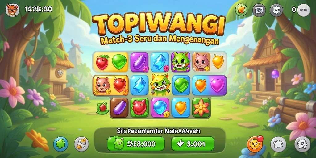 Tampilan permainan Match-3 penuh warna dari TOPIWANGI.