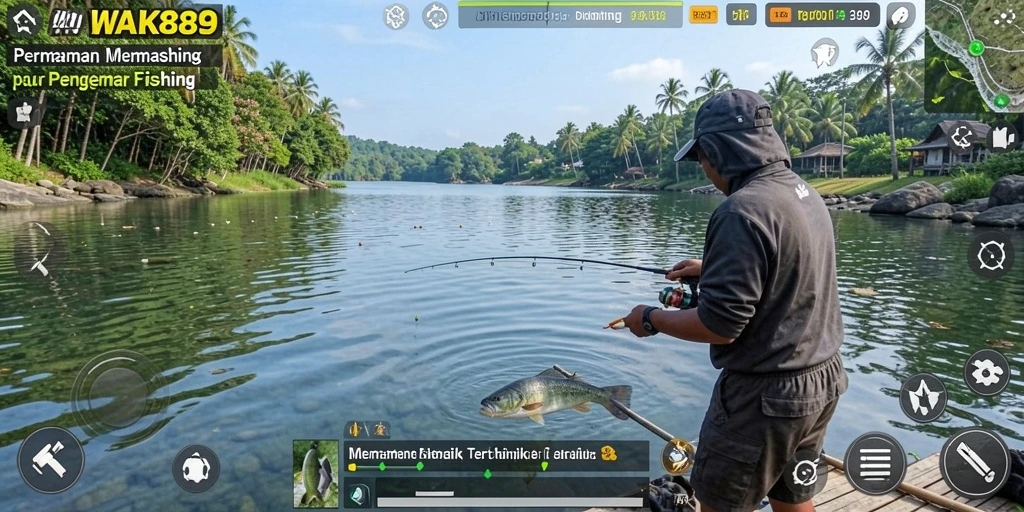 Tampilan gameplay utama WAK89 menampilkan aksi memancing yang seru dan realistis.