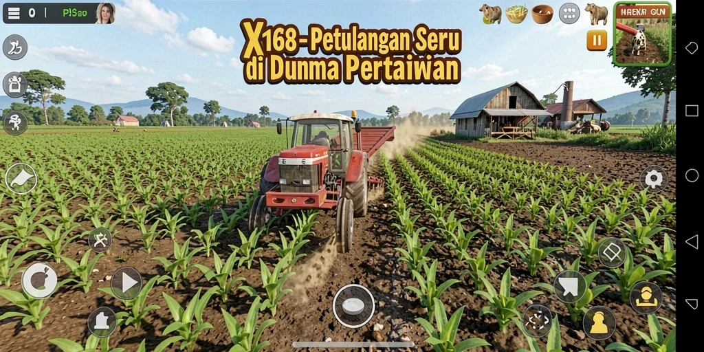 Screenshot utama X168 menampilkan tanaman hijau subur dan hewan ternak.
